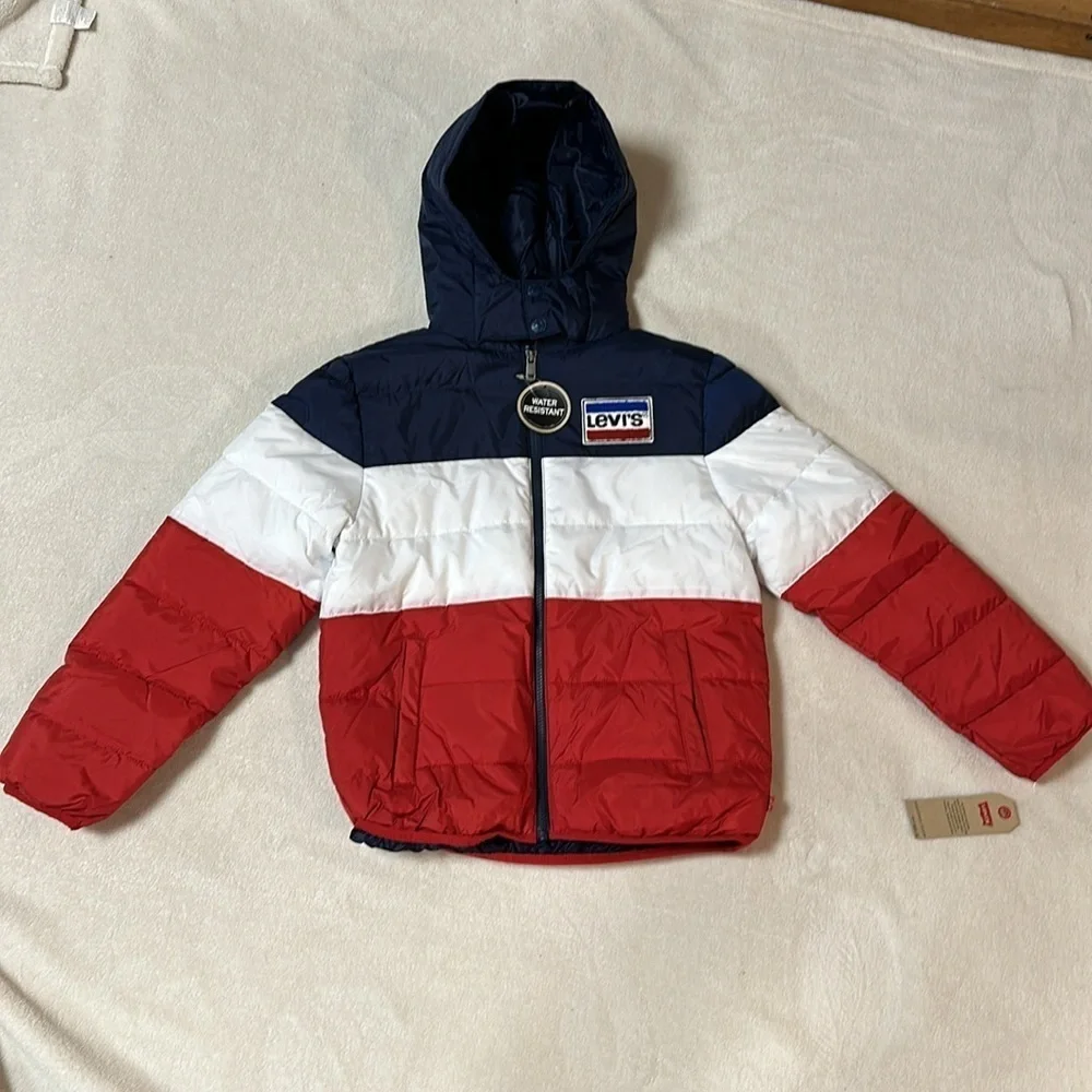 Levi's hooded puffer coat boys M 10-12 yrs. NWT, Red, White & Blue, Warm